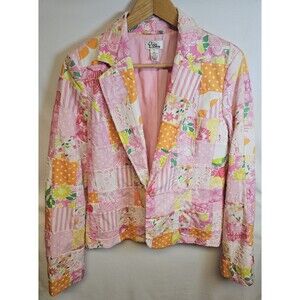 Lilly Pulitzer Size Medium Pink Floral Pattern Patchwork Blazer Vintage Spring